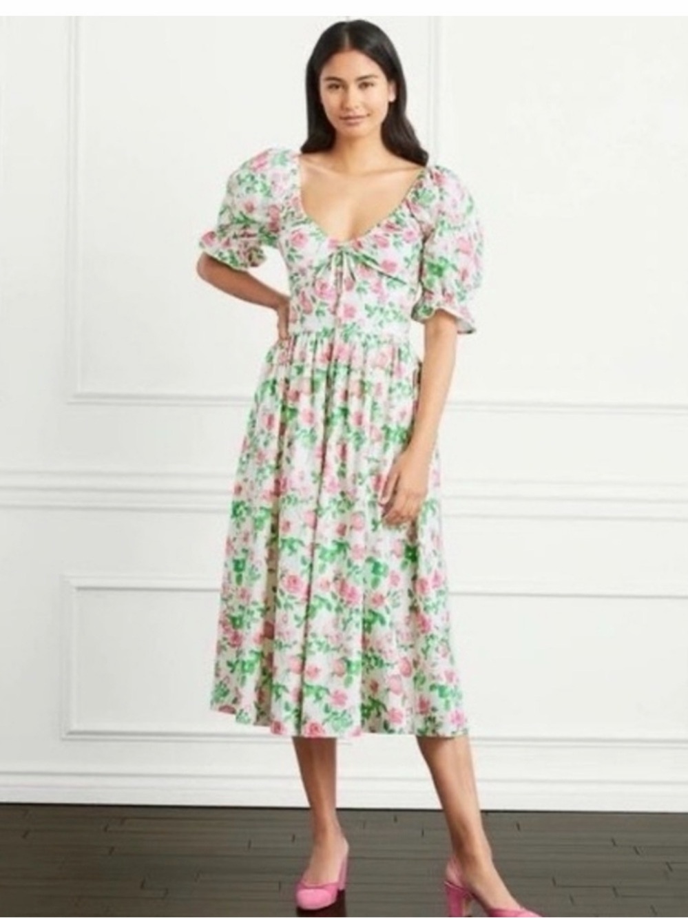 HILL HOUSE The Ophelia Nap Midi Pink Roses Dress Size Small